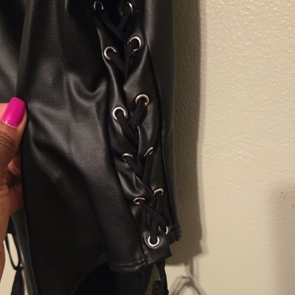 Stylish Black Pleather One Piece - Picture 2 of 7